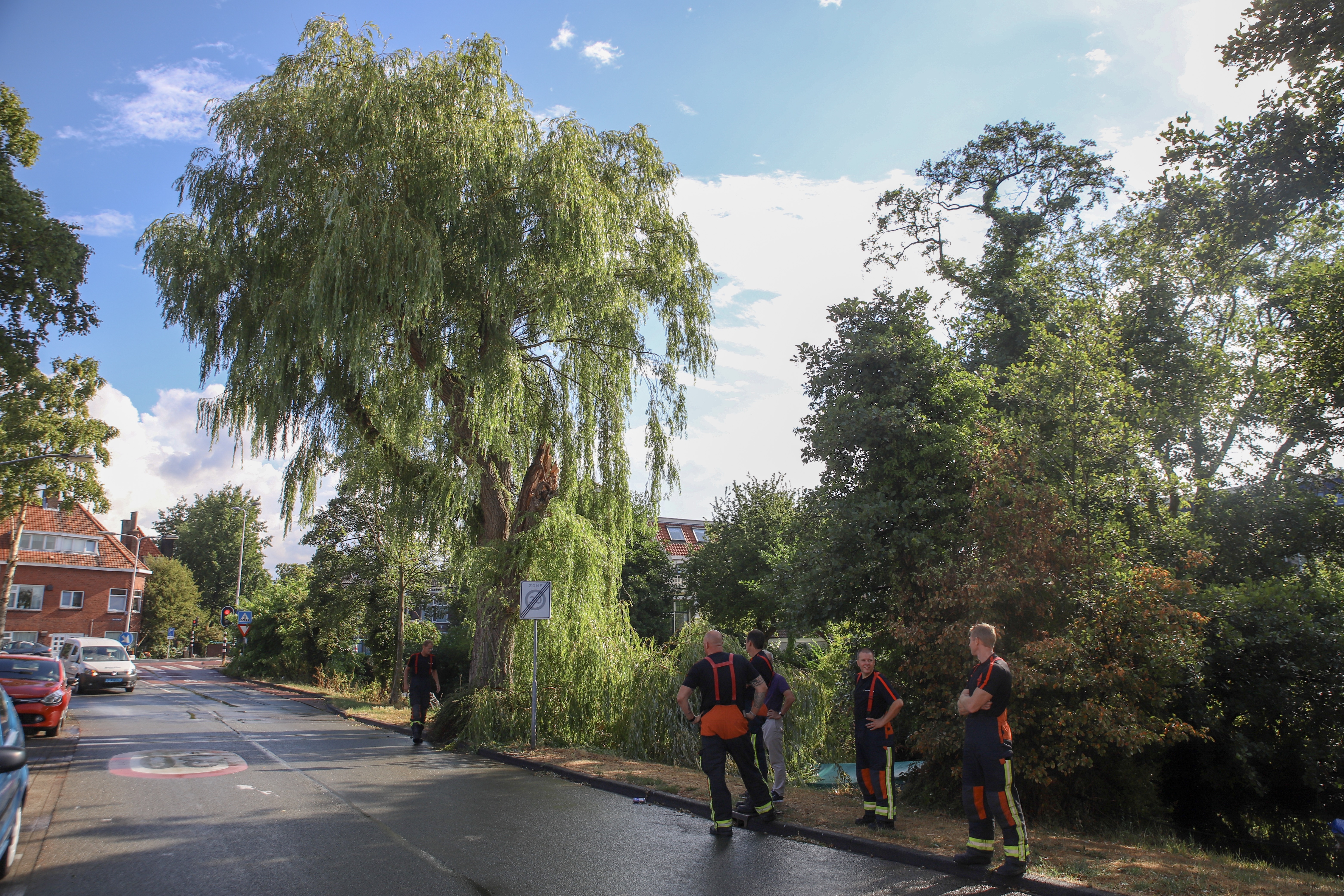 Tak valt op boot, Meerburgerkade in Leiden