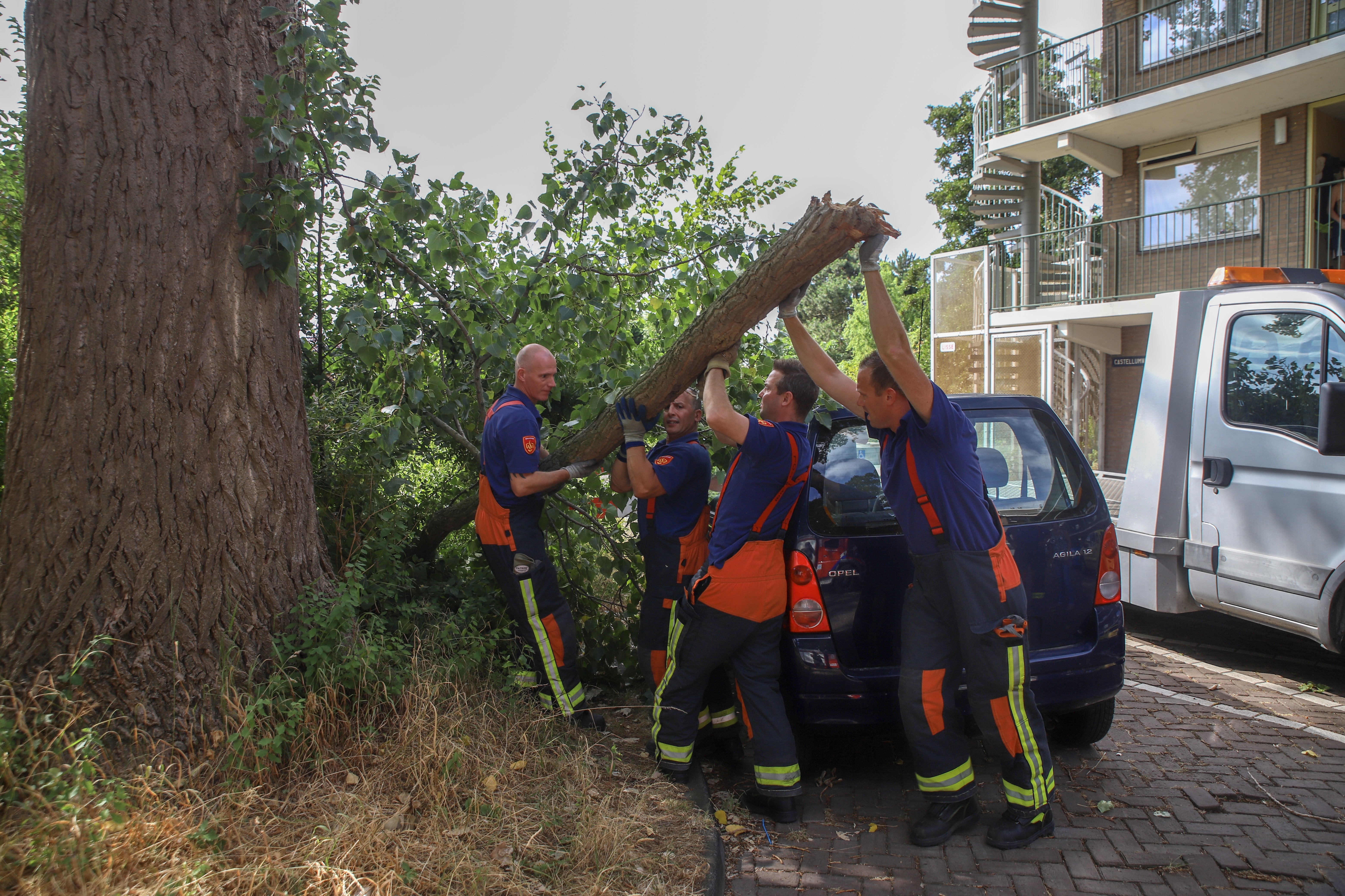 Tak valt op dak auto, Castellumweg in Leiden