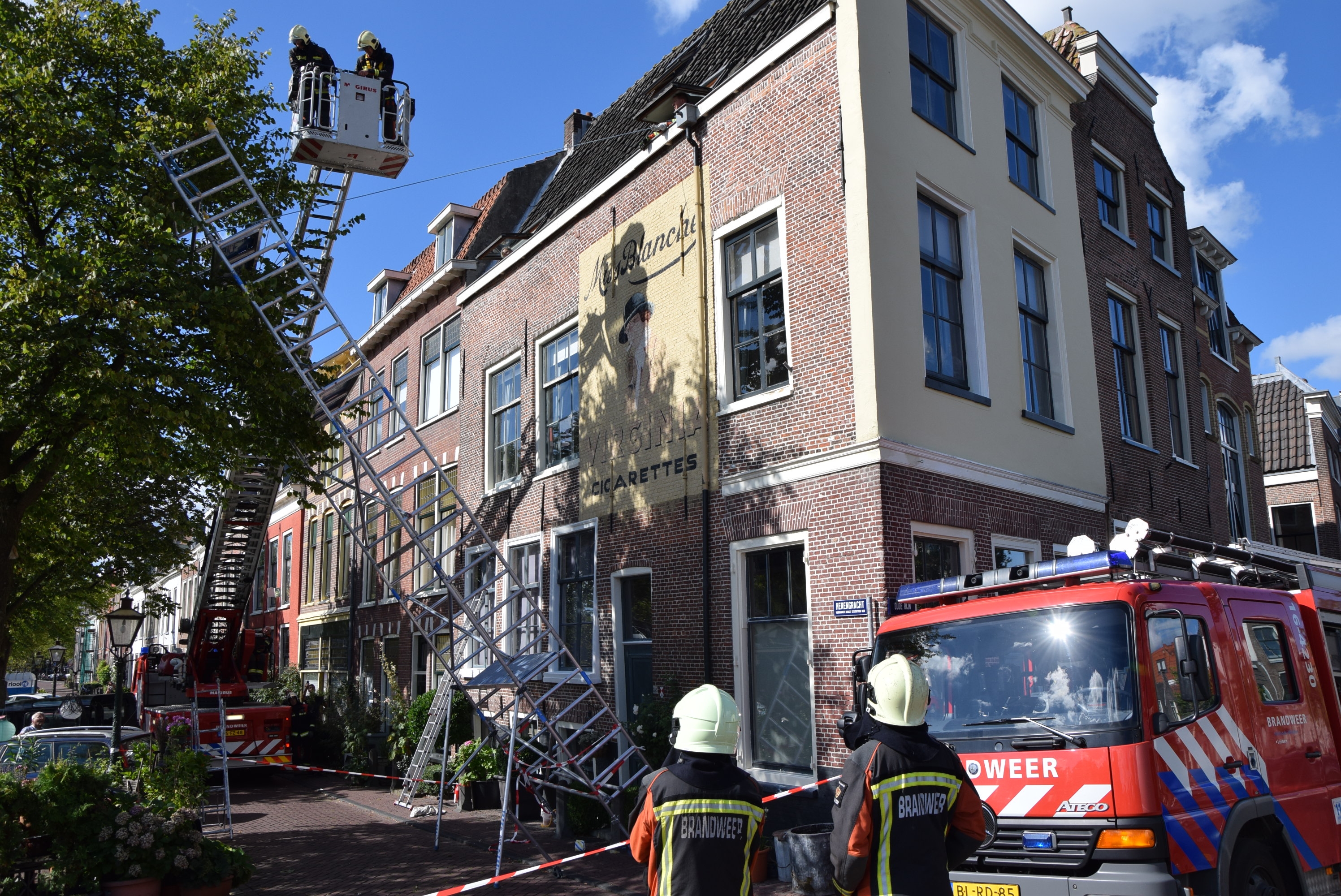 Hoge steiger kantelt in boom, Oude Rijn in Leiden