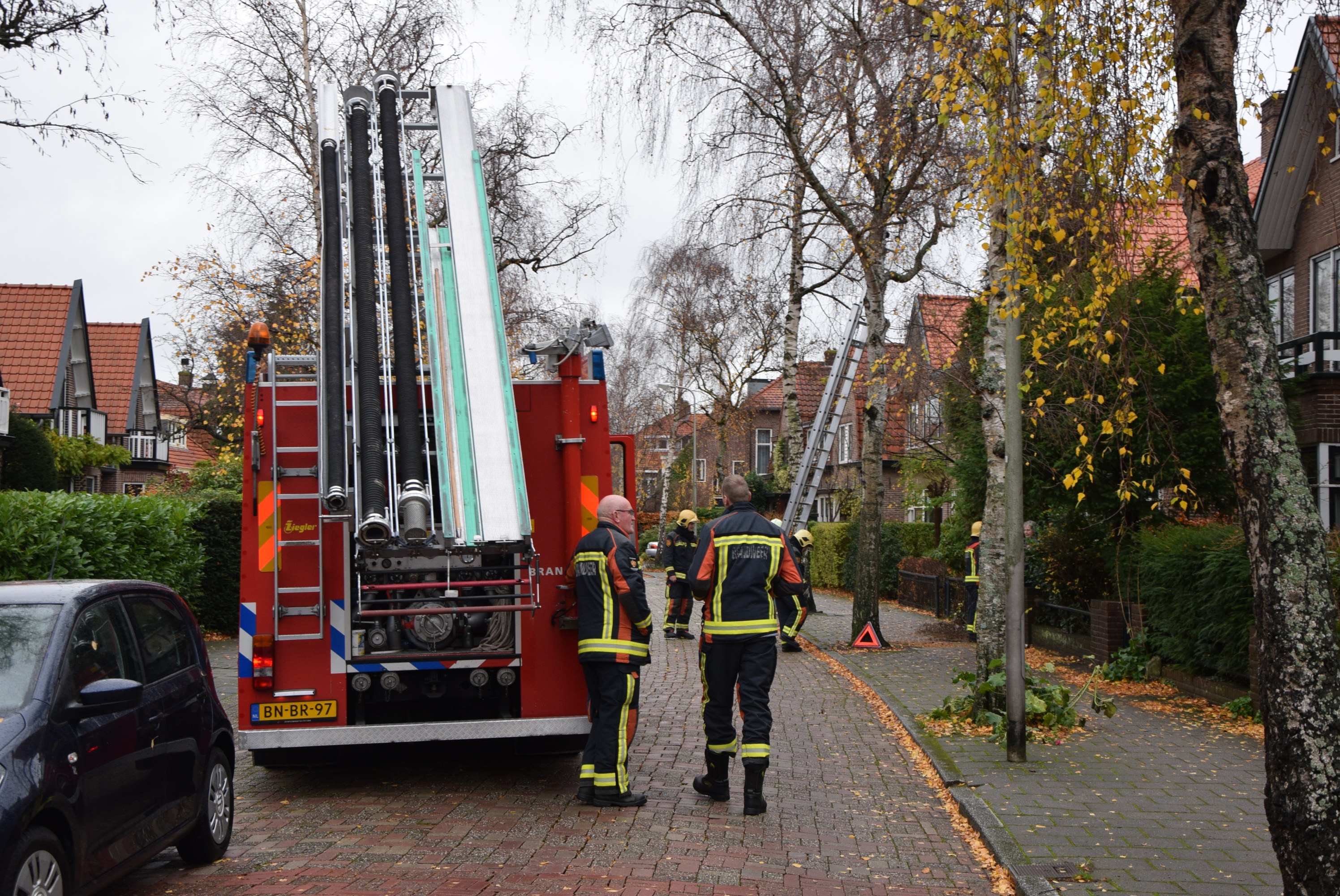 Brandweer verwijderd losse tak uit boom, Nassaulaan in Oegstgeest