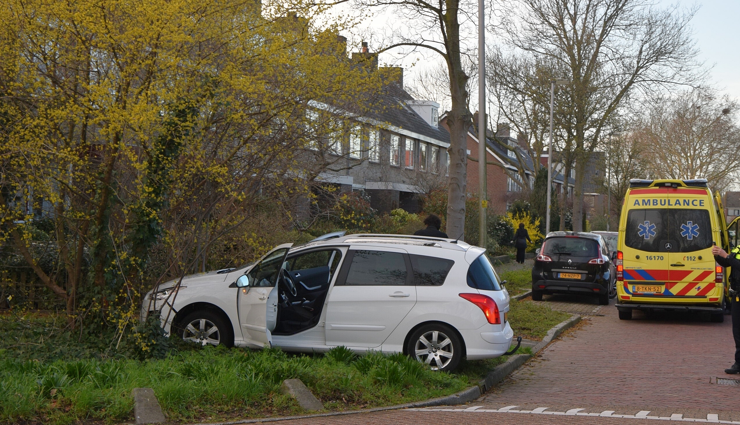 Automobilist schiet van de weg en belandt in bossage, Huygensdreef in Leiderdorp