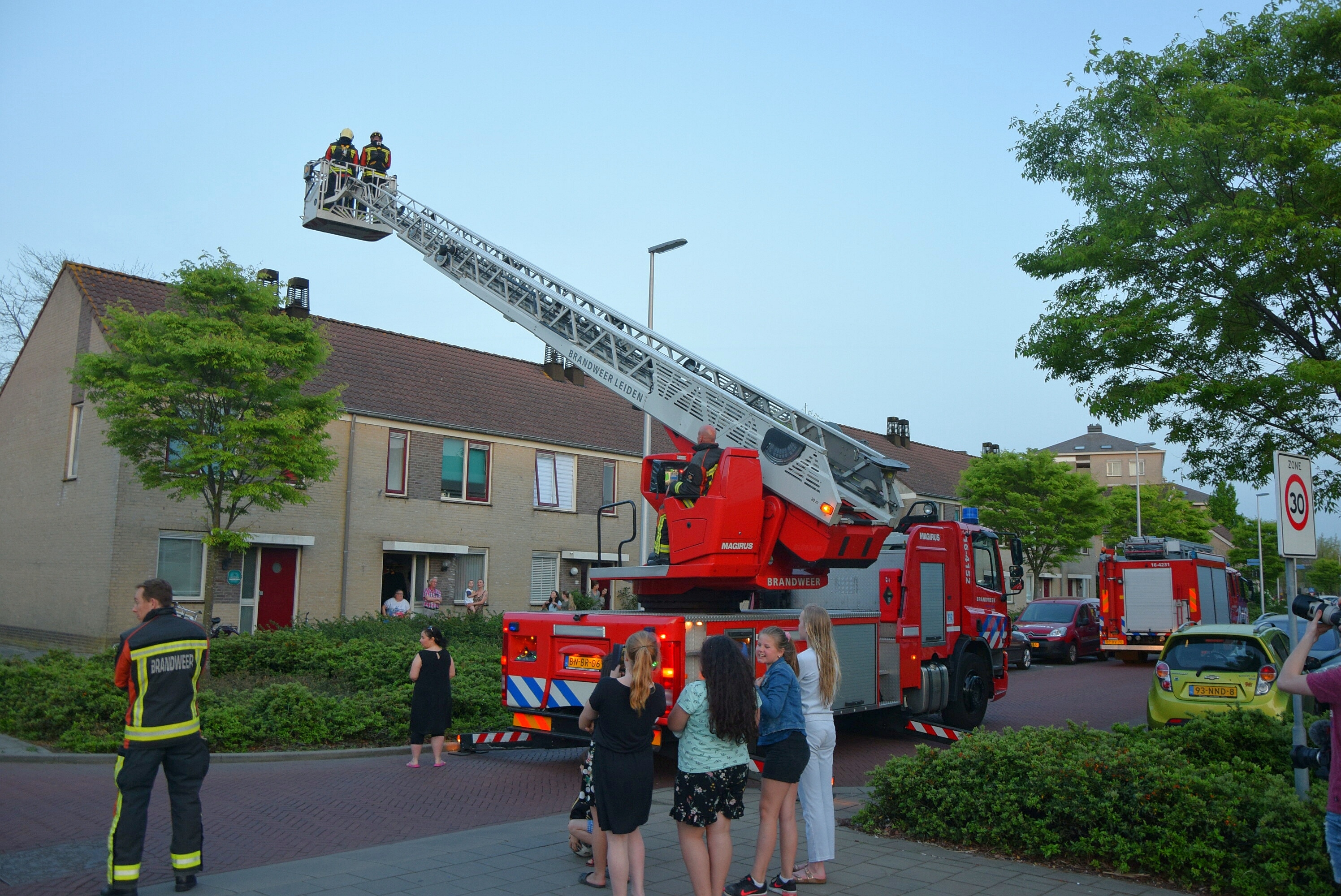 Brandweer haalt kat van dak, Buitendijklaan in Leiderdorp
