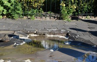 Gesprongen waterleiding zet straat blank, Kristalstraat in Leiden