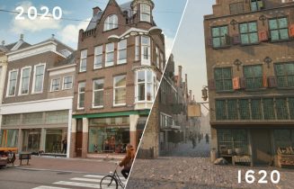 Breestraat Leiden 1620 vs. 2020. Foto B. Vreugdenhil 3D reconstructie Erfgoed Leiden en Omstreken en Stichting Verborgen Stad_