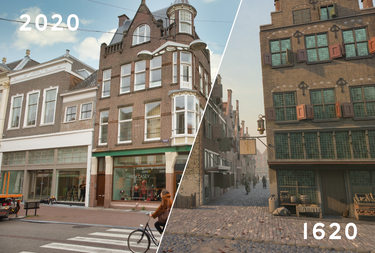Breestraat Leiden 1620 vs. 2020. Foto B. Vreugdenhil 3D reconstructie Erfgoed Leiden en Omstreken en Stichting Verborgen Stad_