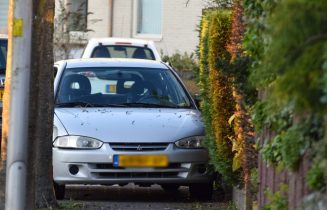 Auto rijdt bosjes in Leiderdorp