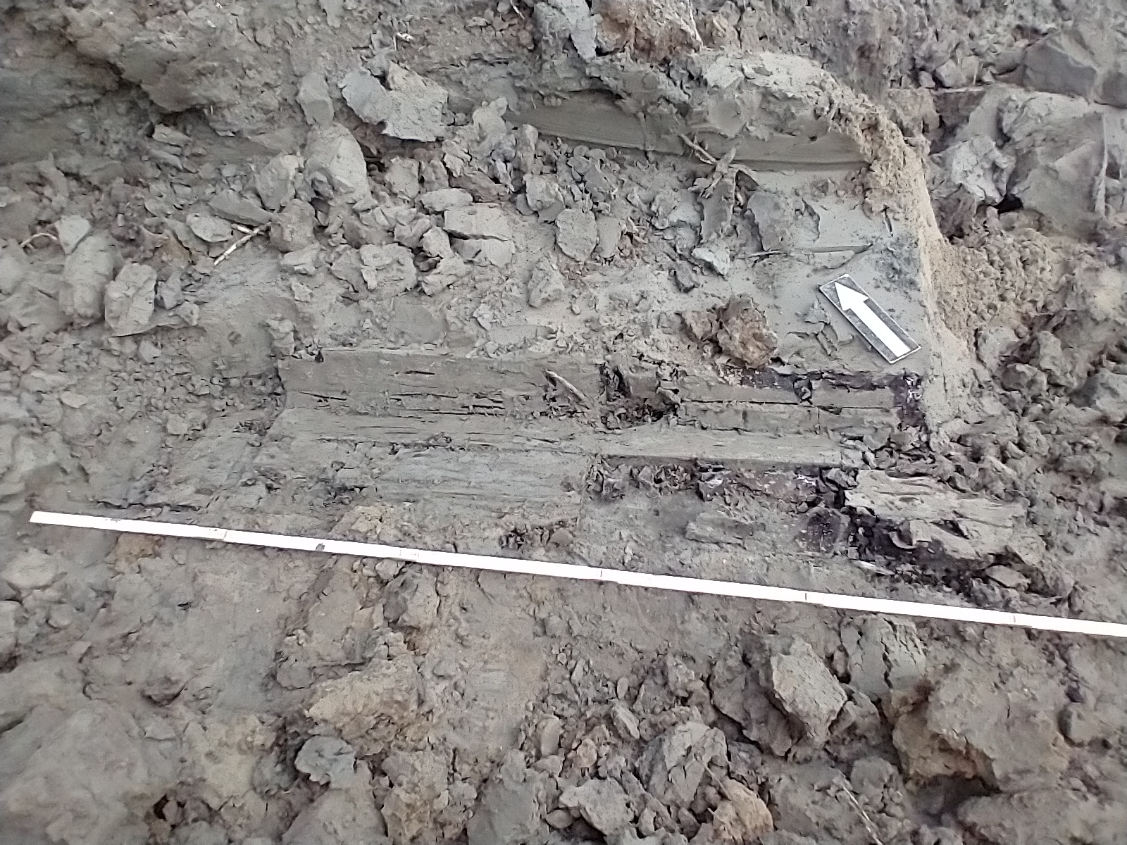 ADC ArcheoProjecten-de aangetroffen eikenhouten planken tijdens de graafwerkzaamheden 2